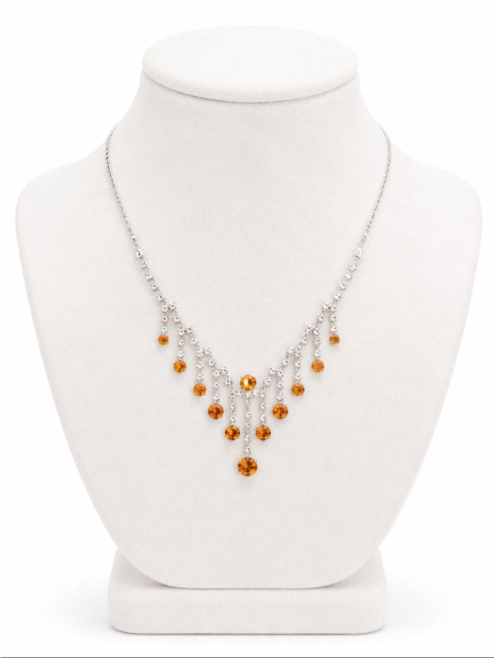 Amber Orange Crystal Rhinestone Cascade Statement Necklace